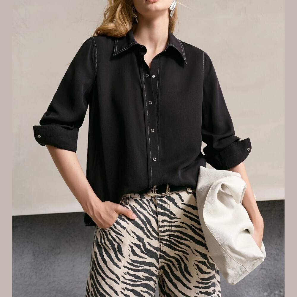 Black Contrast Stitch Button Front Collared Loose Fit Flowy Blouse